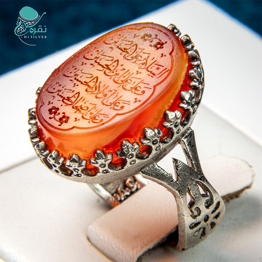 انگشتر نقره روس طرح نیزه ای با حکاکی چهار سلام امام حسین (ع)